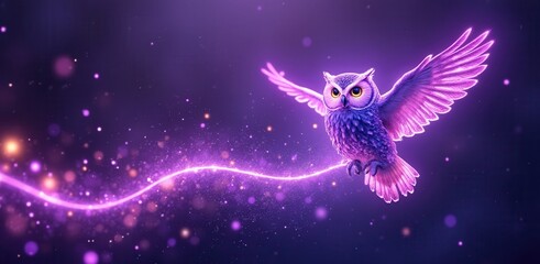 A glowing purple owl with outstretched wings soars through a magical, sparkling night sky with a trail of light.