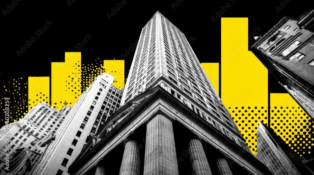 Poster low angle view of a classical building with yellow bar graphs superimposed, suggesting finance or gr