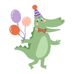 Cute colorful birthday crocodile. Safari animal character. Hand-drawn vector illustration in flat style.