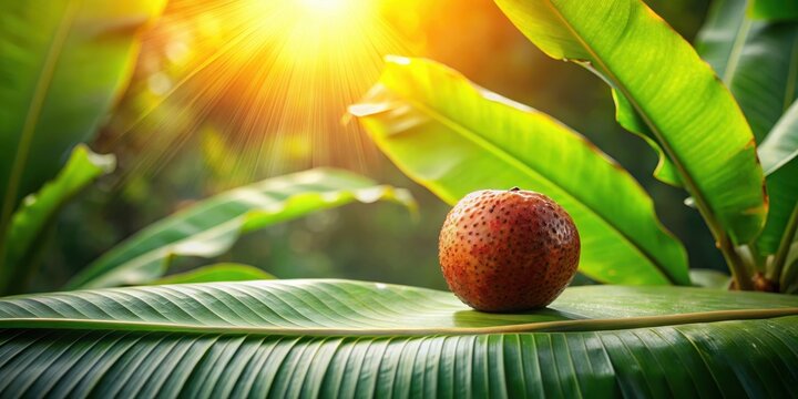 A sharkara varatti fruit sitting alone on a banana leaf in the wild, with the sunlight filtering through the leaves above , fruit still life, nature