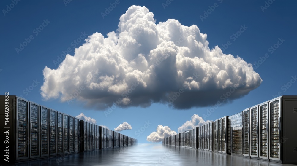 Poster rows of servers reflect in a polished floor beneath a large, fluffy cloud symbolizing cloud computin