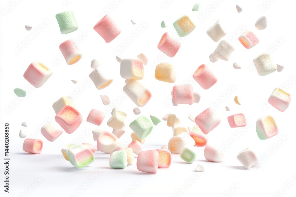 Poster assorted marshmallows falling in the air on a white background in a studio shot with soft