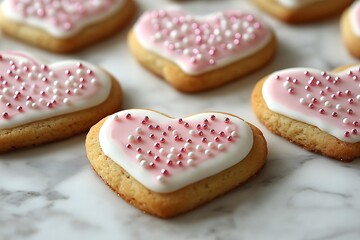 Heart shaped cookies with pink frosting and sprinkles on marble surface