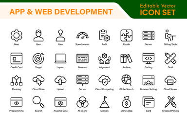Professional App Web Development Icons – Modern Outline Vector Set for UI, UX, Programming, Websites, Coding, Digital Products, and Software