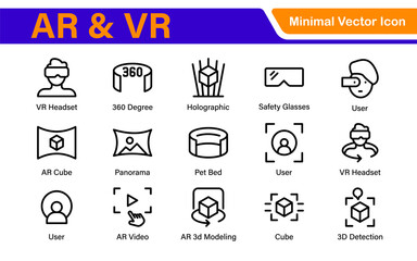 AR VR Line Icon Set – Minimal Vector Outline Illustrations for Augmented Reality, Virtual World, Futuristic Tech, Gaming, Metaverse, UX Design