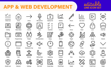 Professional App Web Development Icons – Modern Outline Vector Set for UI, UX, Programming, Websites, Coding, Digital Products, and Software