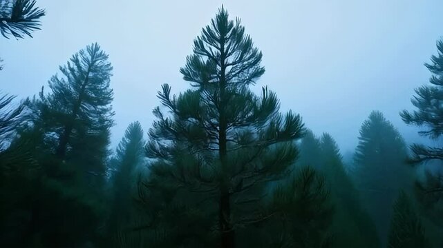 Tall pine trees in a misty forest, a concept for nature photography, environmental awareness campaigns, and woodland-themed designs