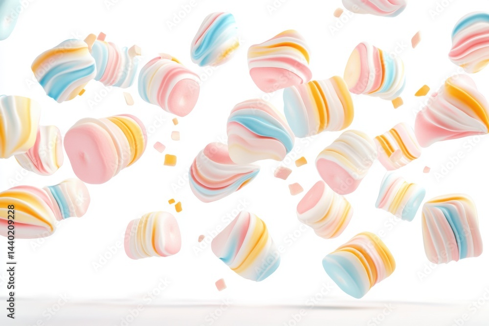 Poster a whimsical display of colorful marshmallows floating against a bright white studio background space