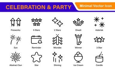 Celebration & Party Icons. Vector Icons for Birthdays, Holidays, Festivals, Fireworks, and Event Decorations