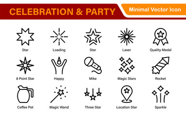 Celebration & Party Icons. Vector Icons for Birthdays, Holidays, Festivals, Fireworks, and Event Decorations