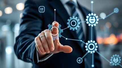 A modern technology concept featuring a businessman interacting with a virtual network interface, touching a gears icon symbolizing automation