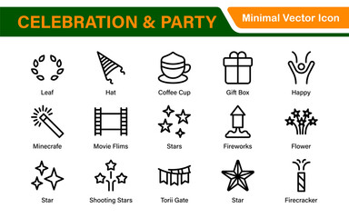 Fototapeta premium Celebration & Party Icons. Vector Icons for Birthdays, Holidays, Festivals, Fireworks, and Event Decorations