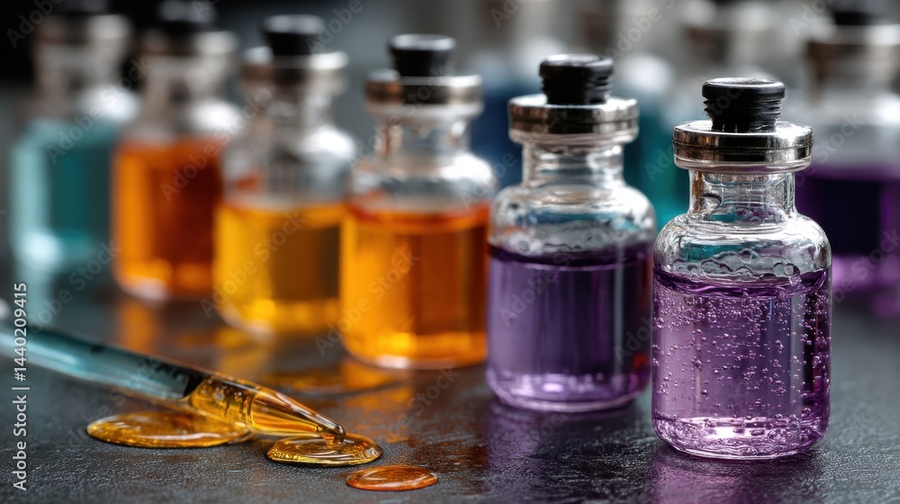 Poster close up view of several small glass bottles containing colorful liquids, with a pipette and a drop 