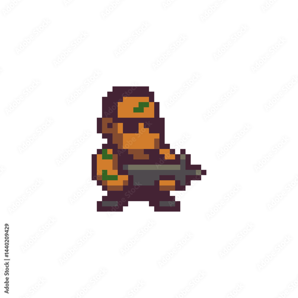Poster man with gun character with a gun. pixel art 80s style. isolated vector illustration.
