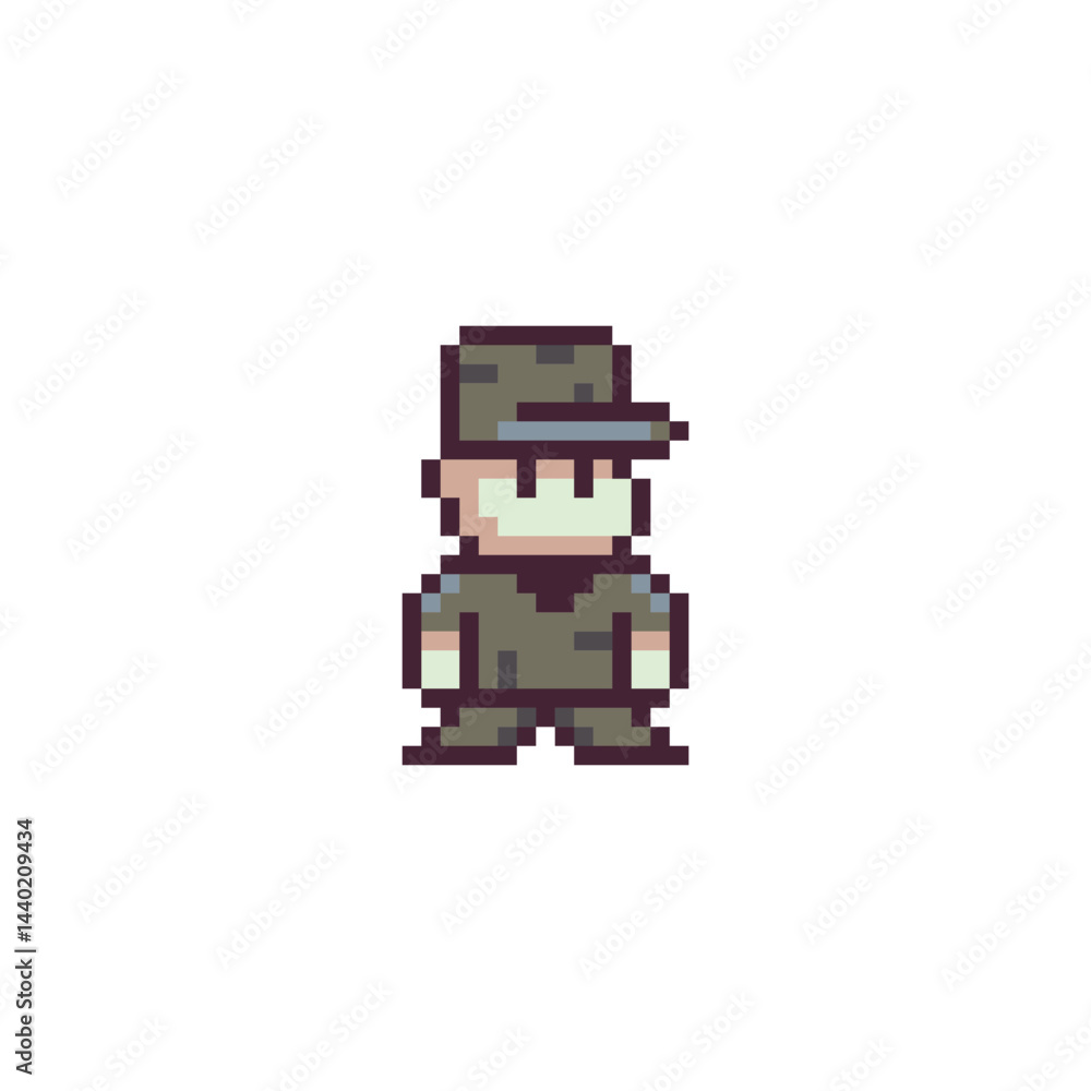 Poster man with gun character with a gun. pixel art 80s style. isolated vector illustration.