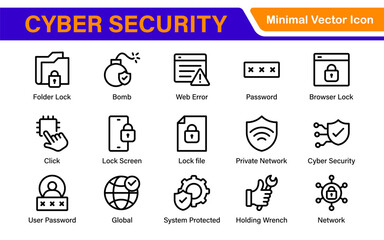 Cybersecurity Safety Icons – Secure Network, Data Protection, Firewall, Password, Hacking Prevention – Vector, Outline, Line, Minimal, Illustration