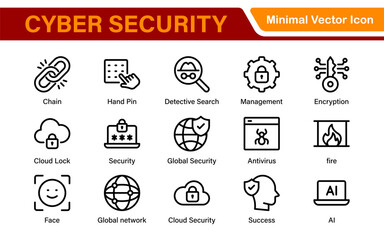 Cybersecurity Safety Icons – Secure Network, Data Protection, Firewall, Password, Hacking Prevention – Vector, Outline, Line, Minimal, Illustration