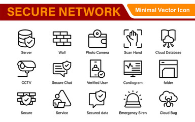 Cybersecurity Safety Icons – Secure Network, Data Protection, Firewall, Password, Hacking Prevention – Vector, Outline, Line, Minimal, Illustration
