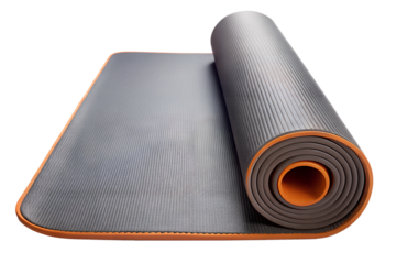 Partially rolled exercise mat with orange trim visible isolated on transparent background