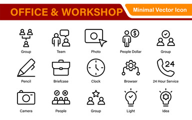 Workshop and Office related outline icon collection. Editable line icon set.