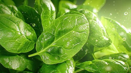 Fresh Green Spinach Leaves with Water Droplets in a Backlit Close Up