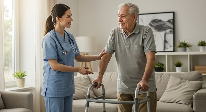 Nurse assisting senior man with walker in living room during rehabilitation at home for recovery care