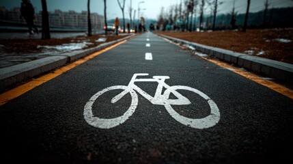 Obraz premium A bike symbol is painted on the road to indicate a bike lane
