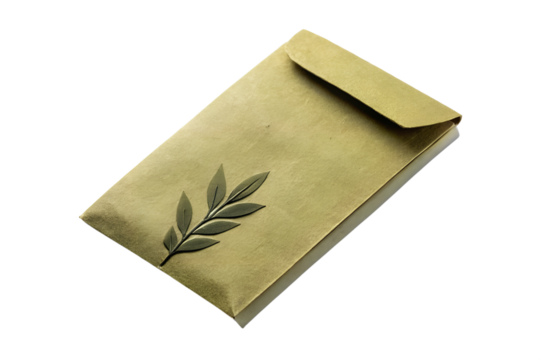 Close up of a golden envelope with a leafy branch design isolated on transparent background