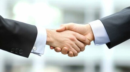 A close-up of a handshake between two men in suits, signifying business deal.