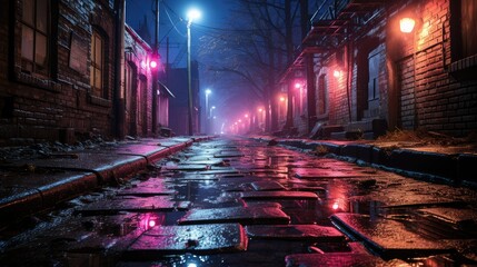 Luminous neon lights illuminating dark alley