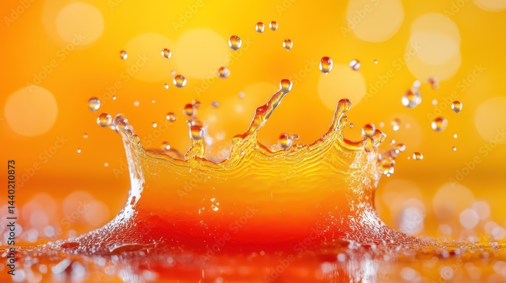 Poster orange liquid splashing on surface with bokeh