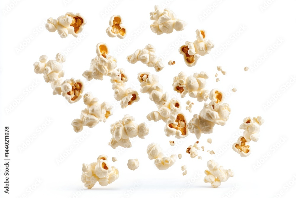 Poster scattered popcorn pieces isolated on a white background creating a dynamic and playful composition