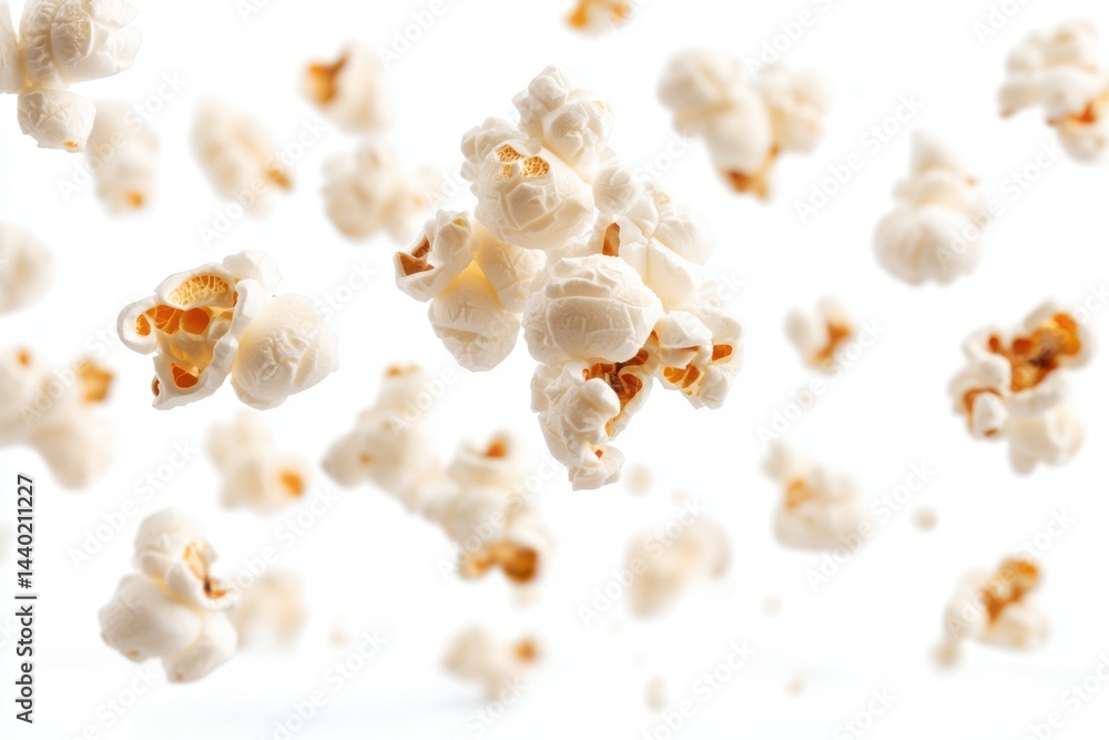 Aufkleber a scattered array of popcorn pieces floating against a bright white and slightly blurred background