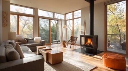 Fototapeta premium a cozy living room with a fireplace and large windows, providing natural light and a view.