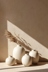 White ceramic vases on a beige background. AI.