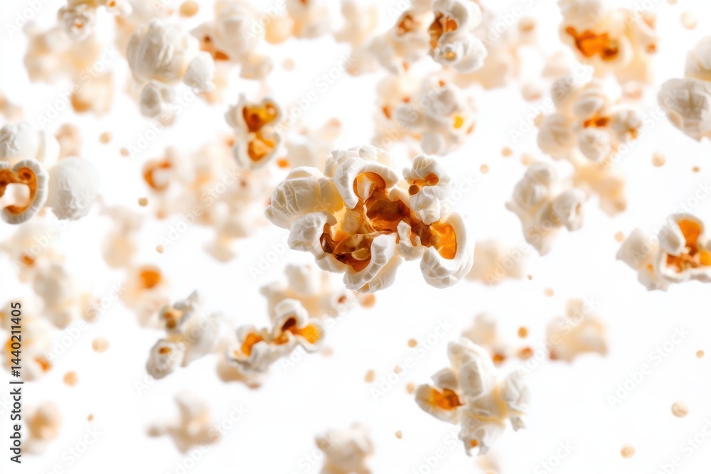 Aufkleber a scattered array of popcorn kernels floating against a stark white background in a studio setting
