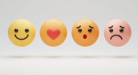 Row of Emoticons: Yellow Sphere Smile, Love, Surprise, and Sadness on Gray.