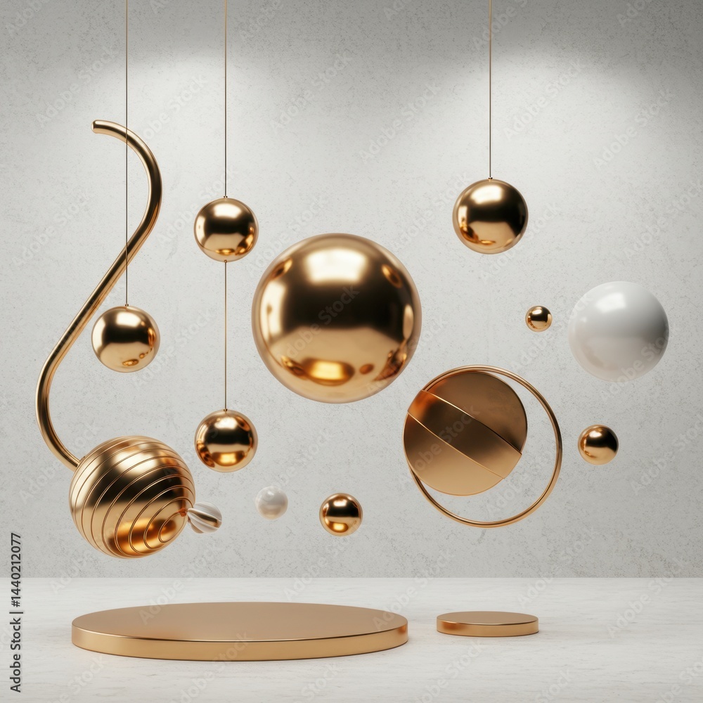 Poster abstract gold and white 3d render: elegant floating spheres and geometric shapes on platform