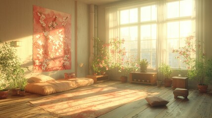 Sunny room filled with plants and floral artwork