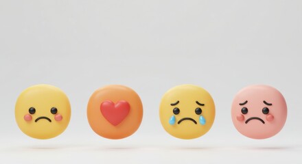 Emotional Spectrum: Four 3D Rendered Faces Displaying Sadness, Love, and Tears on a White Background.
