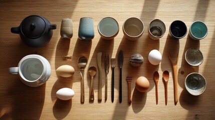 Collection of Small Daily Items Neatly Arranged on Wooden Table with Soft Sunlight, Symbolizing Life Improvements