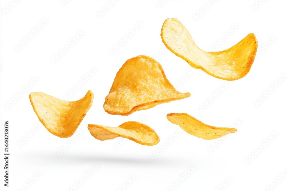 Poster a group of potato chips floating in the air on a white background in a studio shot with soft lightin