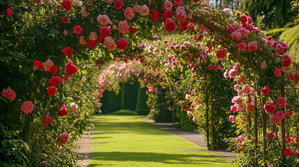 Obraz premium English rose garden, elegant floral archways, and serene countryside landscapes. Timeless charm, pastel hues, and romantic beauty create an enchanting outdoor retreat idea