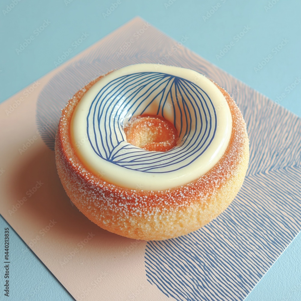 Poster a delicious dessert in the shape of a donut, featuring a creamy top with blue patterns. the surface 