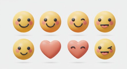 Naklejka premium Cheerful 3D Emoji Set: Smiling Faces, Hearts, and Playful Expressions on Light Background