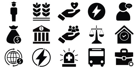 Set of  Comprehensive Society Sector Icon Set – Finance, Healthcare, Technology, Education, Government, and More | Flat Glyph Collection