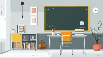 A vibrant classroom scene featuring a large blackboard, an orange desk and chair, a bookshelf filled with books, and decorative elements like framed pictures and a potted plant. 