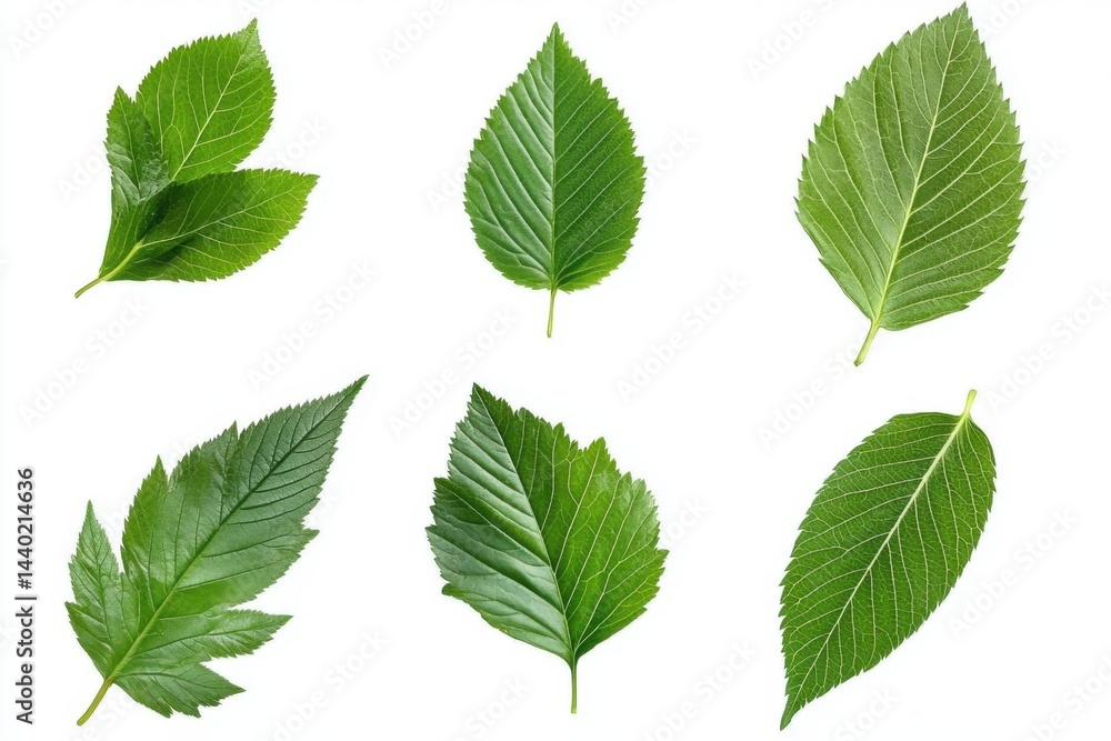 Poster a set of six green leaves with different shapes and sizes isolated on a white background in a flat l