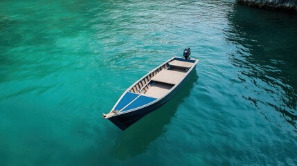 Naklejka premium A blue boat floats on turquoise water, creating a serene coastal scene.