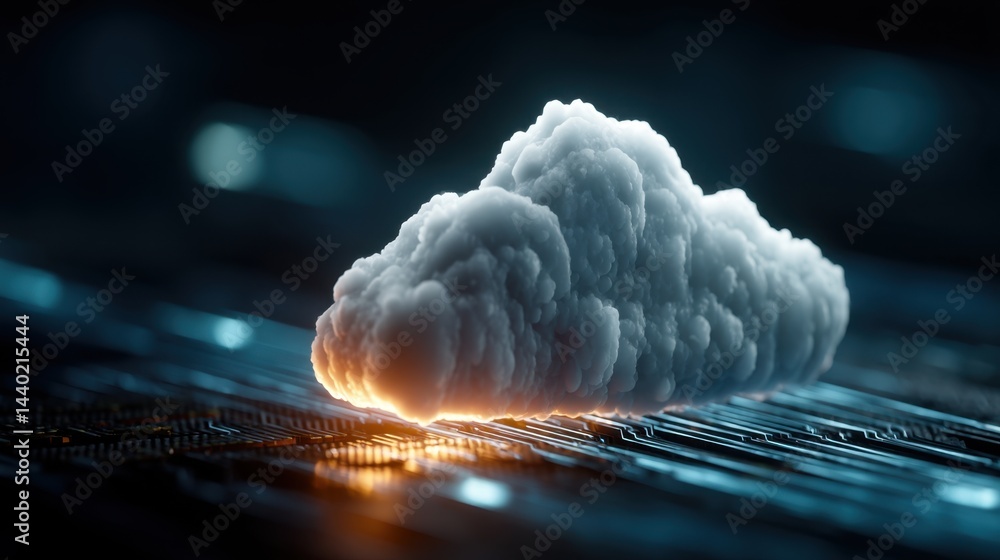 Poster white cloud shaped data structure glows on a dark blue circuit board, suggesting digital technology 